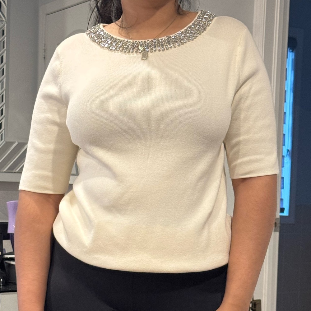 Talbots Cream Embellished 3/4 Sleeve Blouse